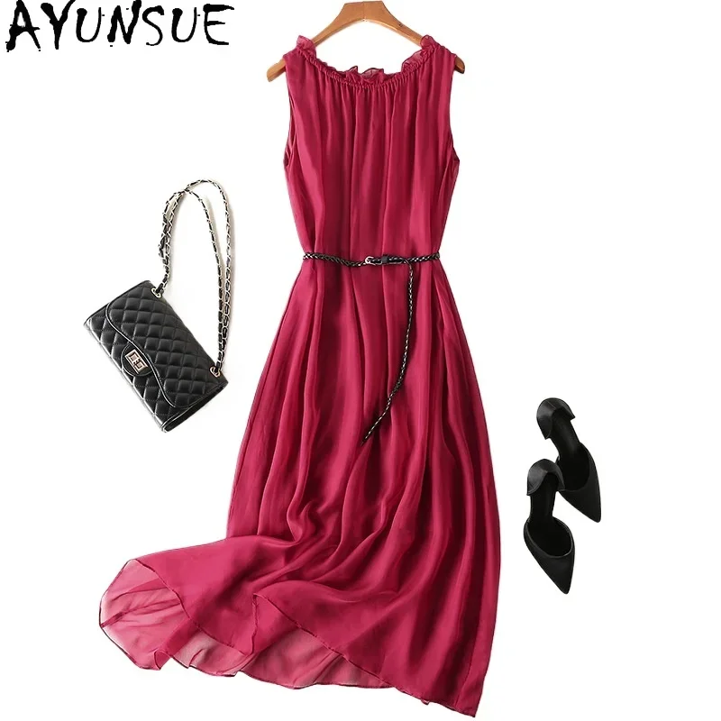 AYUNSUE-Vestidos Largos de seda de morera para mujer, ropa elegante sin mangas para verano, 100%