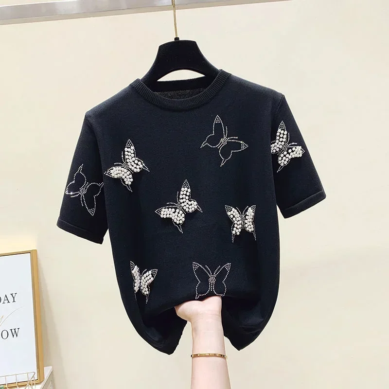 2024 New Summer Butterfly Nail Bead Short Sleeve Knit Sweater Korean Fashion Thin Casual Jumper Women Knitwear