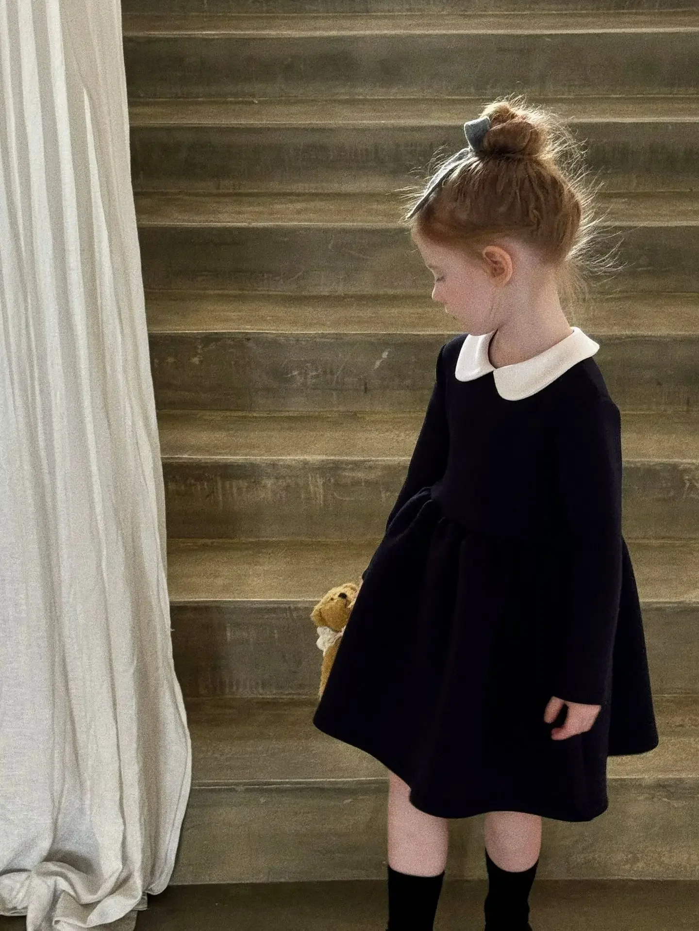 Girls Turn-down Collar Knitted Dress 2024 Autumn New Children Patchwork Peter Pan Collar Long Sleeve Dress