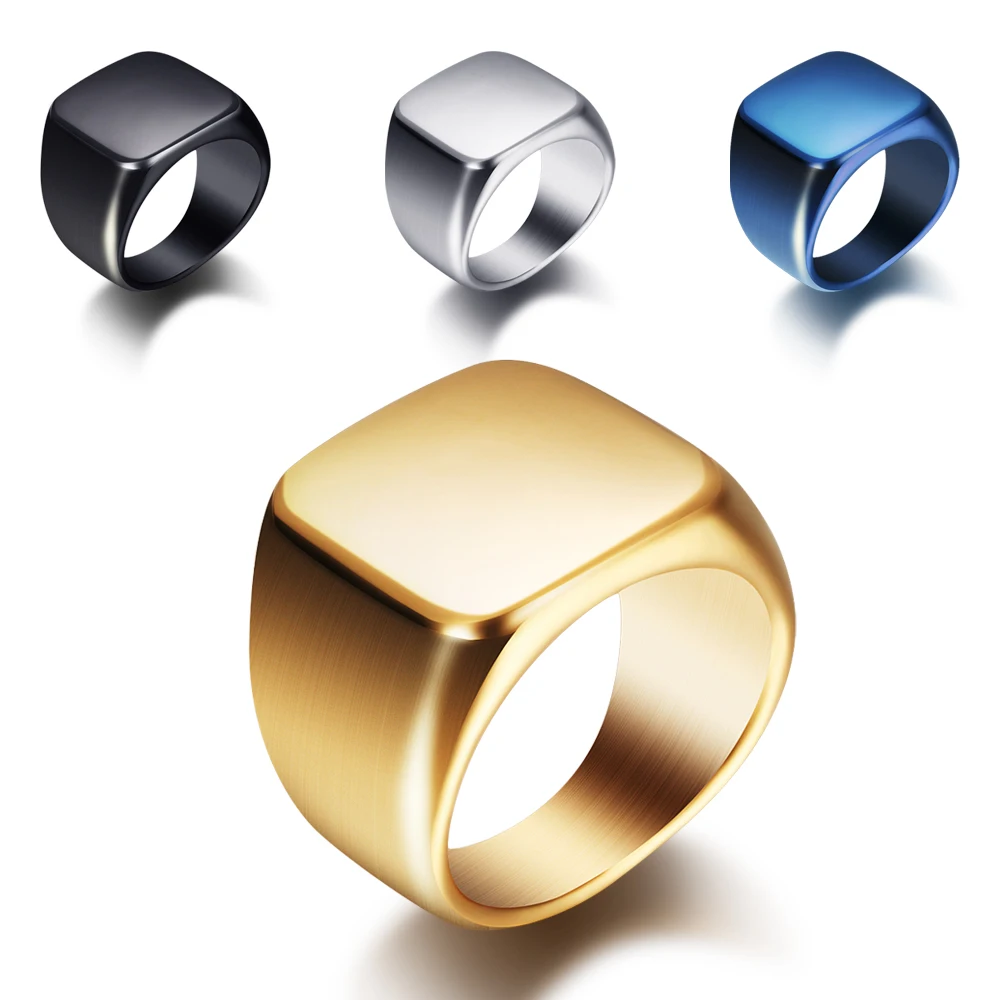Anillos de Sello Cuadrados Anchos de Plata/Oro/Negro/Azul para Hombre, Grabado Gratuito, Joyería de Acero de Titanio