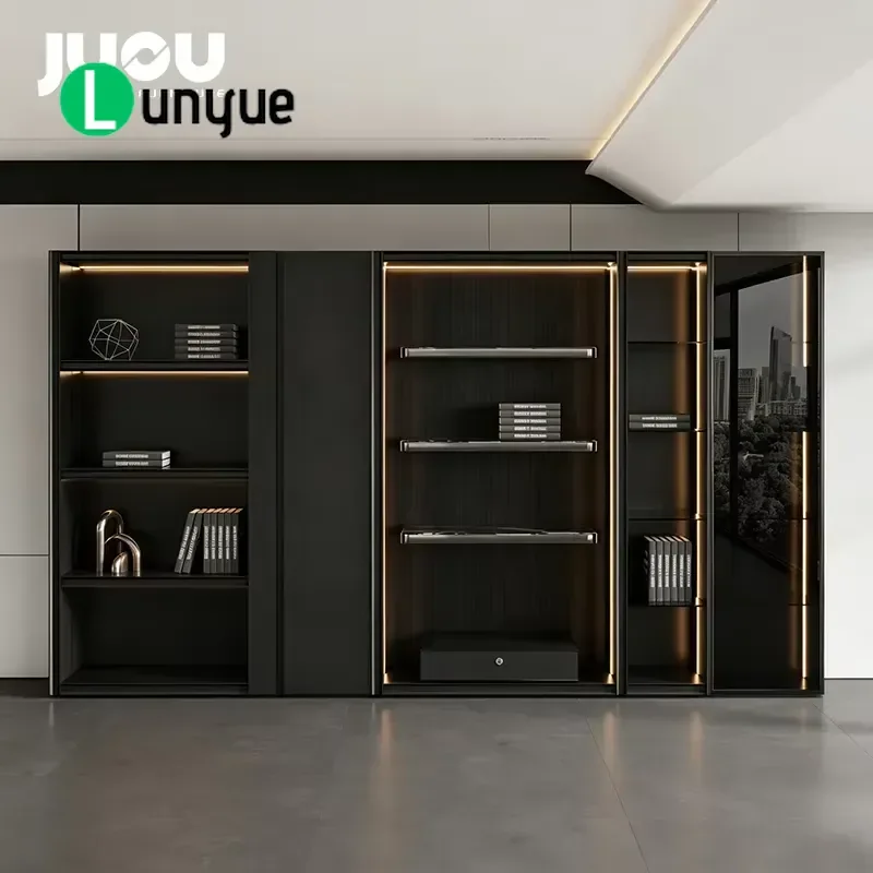 E0 Grade High Density Particle Board Modern Light Luxury Office Bookcase Wooden Storage Cabinet with Glass Door Practical
