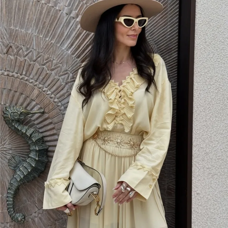 Women's Long-sleeved Chiffon Shirt With Plain Ruffles, Loose Casual V-neck And Long-sleeved Street Top Spring Summer Holiday Top