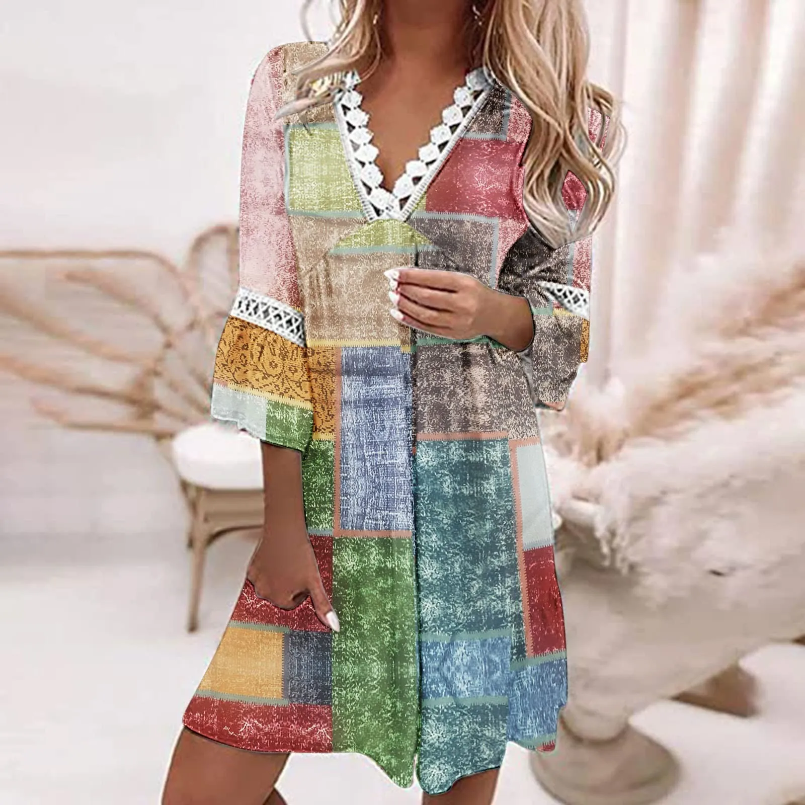 Fashion Women'S V-Neck Printed Lace Patchwork Bohemian Casual Resort Dress Vestidos En Oferta LiquidacióN EnvíO Gratis Ropa Para