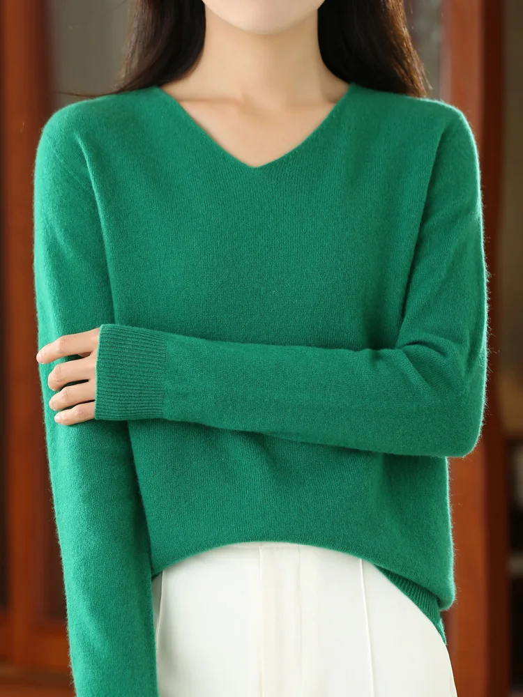 

Women's Basic V-neck Long Sleeve Pullover Sweater For Spring Autumn Soft Comfort 100% Merino Wool Knitwear Female Clothing Tops