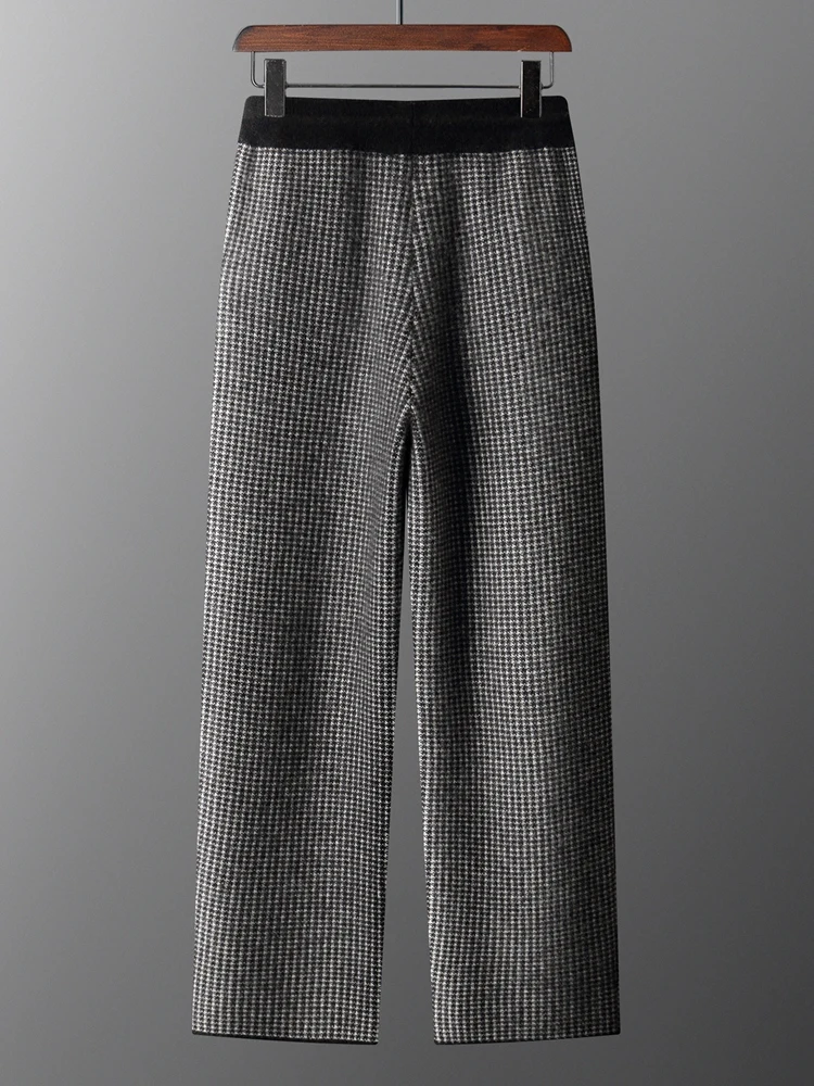 High Quality Jacquard Plaid Knitted Pants Men's Autumn Winter Elastic Waist Thick Wide Leg Pants 100% Cashmere Casual Trousers