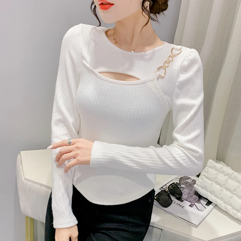 MadBlack European Clothes Sweater Women O Necks Hollow Out Slim Knit Top Long Sleeve Elastic Tshirts Autumn Spring T38060JM