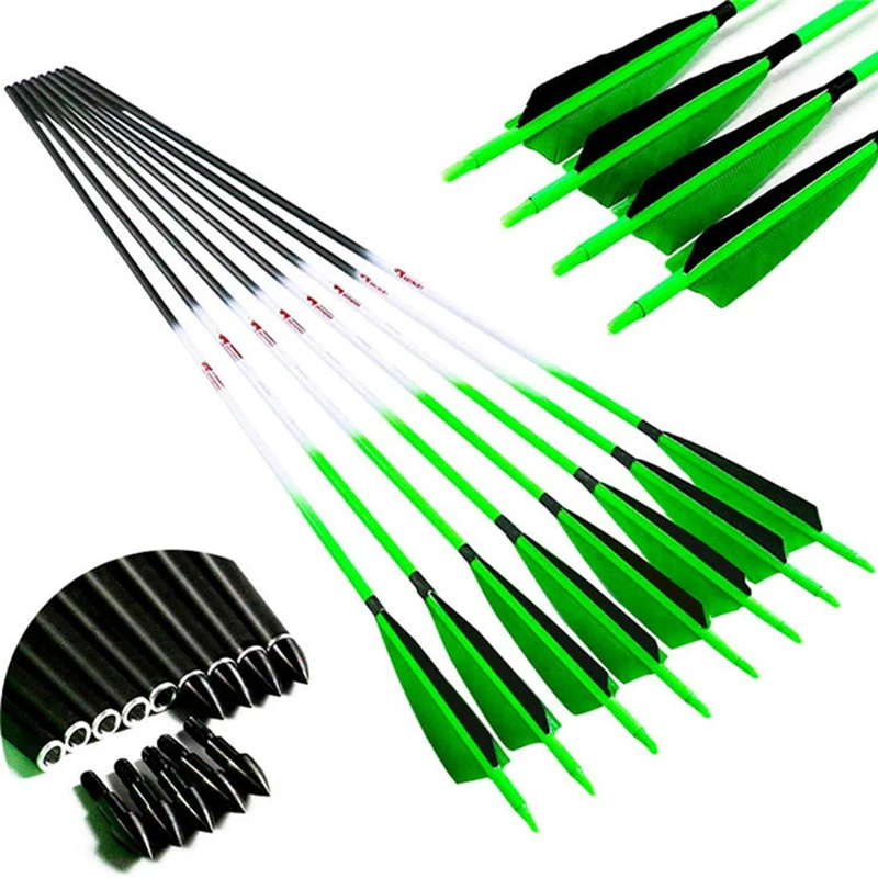 

12p 30inch 100% Pure Carbon Arrows Spine340-600 ID6.2mm 5inch luminous Turkey Feather Green Compound Bow Arrows For Shooting