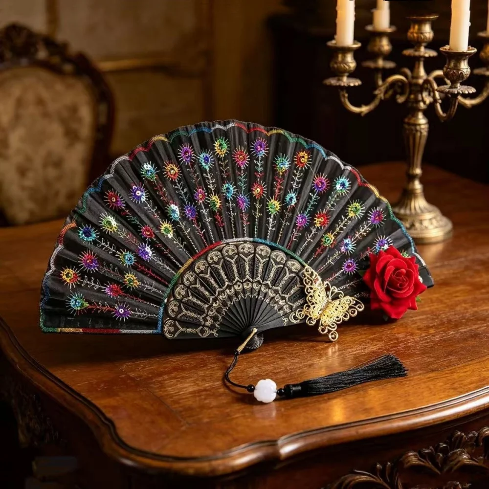 Handheld Fan Lace Folding Fan Sequin Chinese Dance Prop Elegant Performance Tool Embroidery Tassel Decor Vintage Accessory
