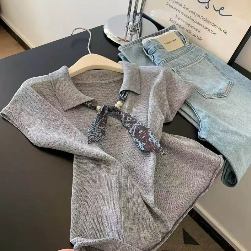 

Summer New Loose Polo Neck T-Shirt with Scarf And Small Flying Sleeve Fashionable Korean Style Casual Wear for Women Q141