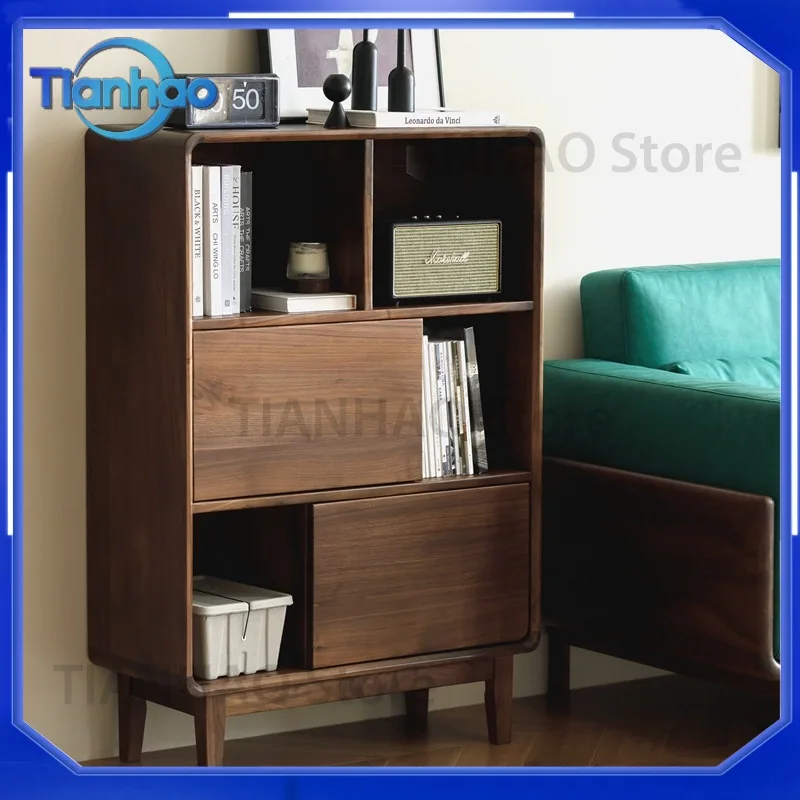 Solid Black Walnut Floor Standing Bookcase and Bookshelf with Doors and Back Panel for Home Furniture