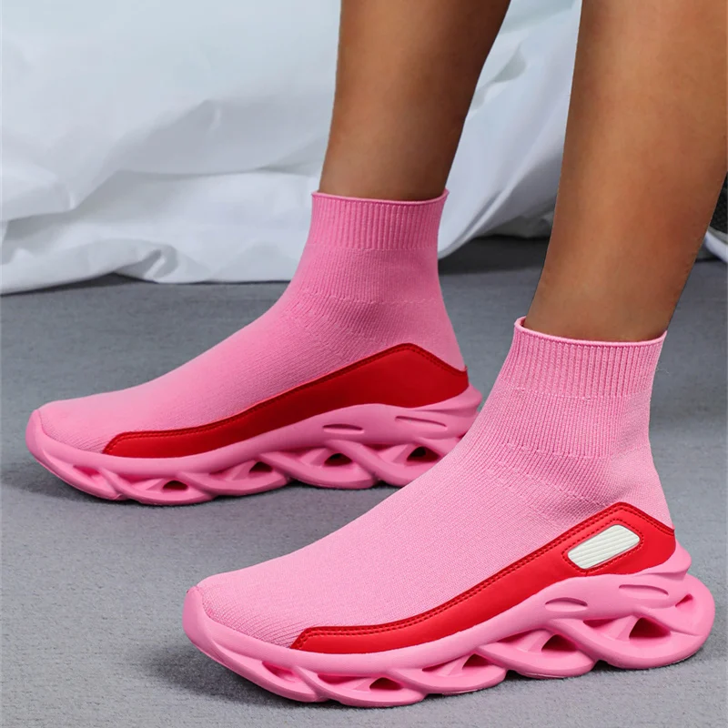 Modische rosa lässige Turnschuhe für Damen, große Größe 45, hohe Socken, Laufschuhe, Damen-Slip-On-Turnschuhe, leichte Sportschuhe für Herren