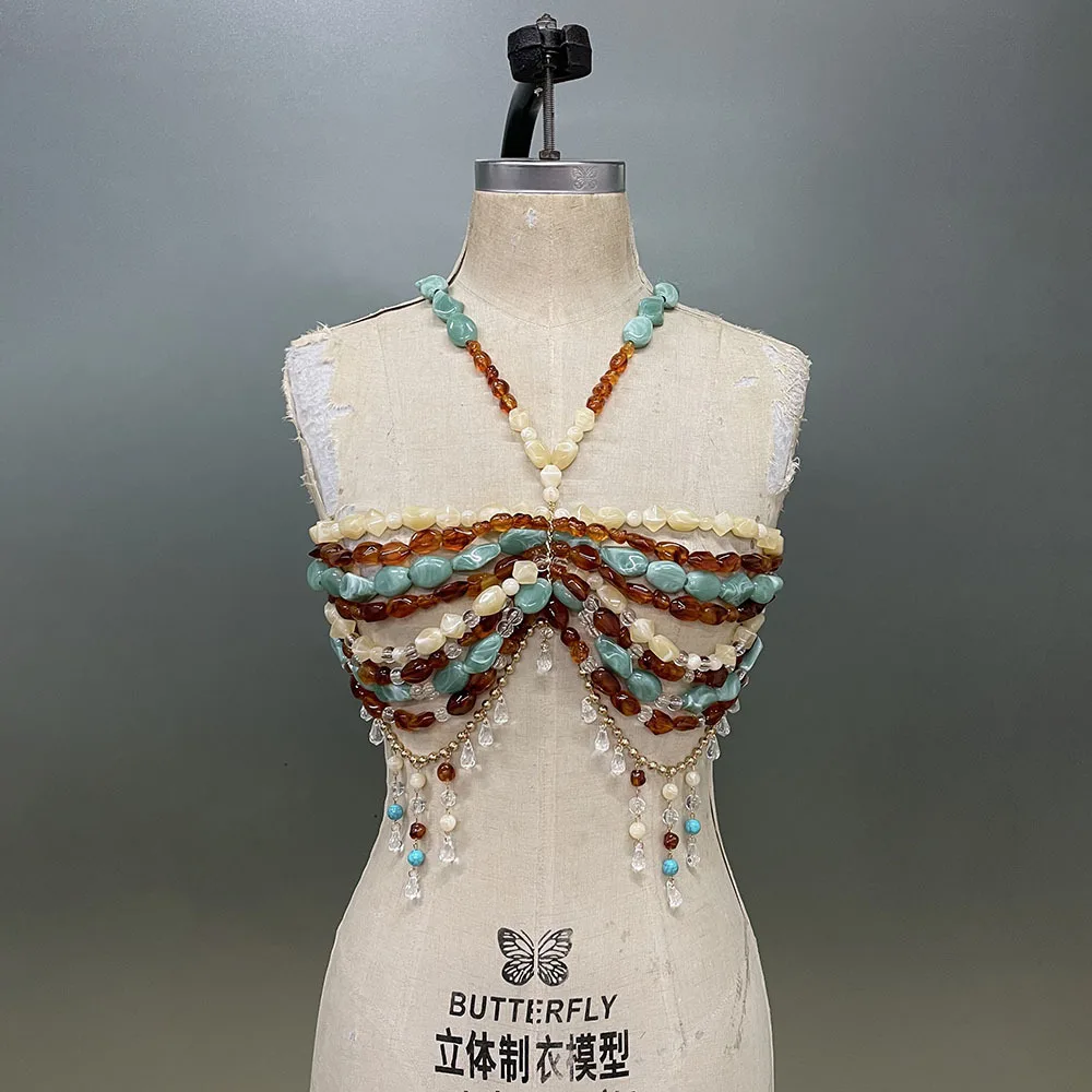 2025 Summer New Sexy Hottie Handmade Jewelry Bra Color Blocking Tassel Body Jewelry Island Beach Surfing