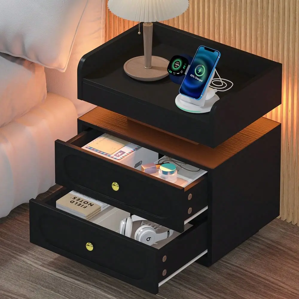Nightstand With Charging Station, Modern Night Stand With 2 Drawers, Bedside Tables And End Table For Bedroom, White Black USB
