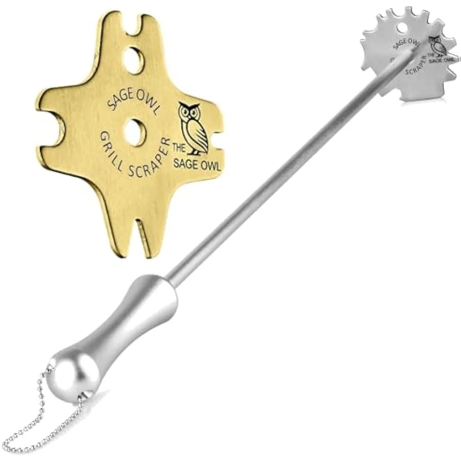 

Sage Owl Bristle-Free Stainless Steel BBQ Grill Scraper with Handle Combo- Safe Portable Brass Grill Cleaner for Outdoor Porcel