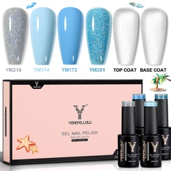 YOKEFELLOW 6Pcs Classic Blue Gel Nail Polish With Top Base Coat Gray Glitter Blue Gel Nail Polish UV Soak Off Nail Art Varnish