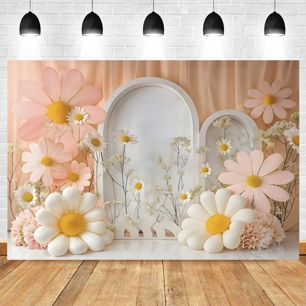 Spring Daisy Flower Baby Shower Backdrop Boho Arch Balloons Girl Birthday Cake Smash Easter Kids Portrait Photography Background