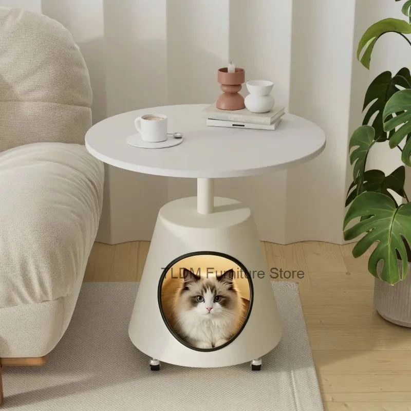 Marble Pattern Round Side Table Conical Base Built-in Circular Cat House Multifunctional Pet Shelter End Table for Living Room