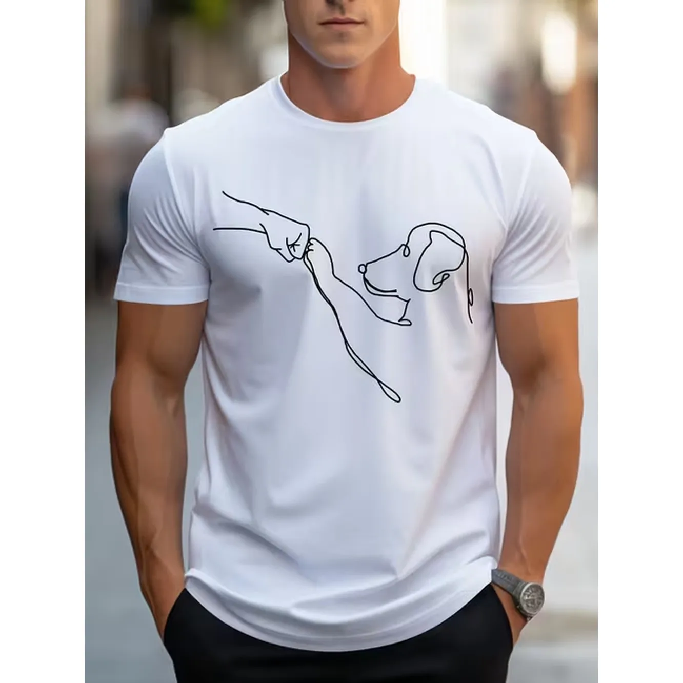 item picture mens line art dog print t shirt scooper hand drawn puppy sketch minimalist pet adorable paw print leash graphic tee