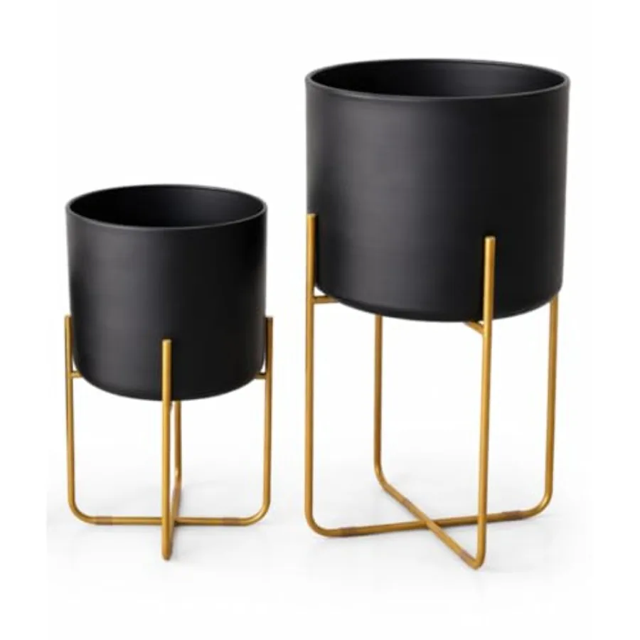 

Living Room Office Garden Decorative Floor Planters Set of 2 Round Large Black Metal Pots with Gold Stand 9 and 11 Inch Diamete