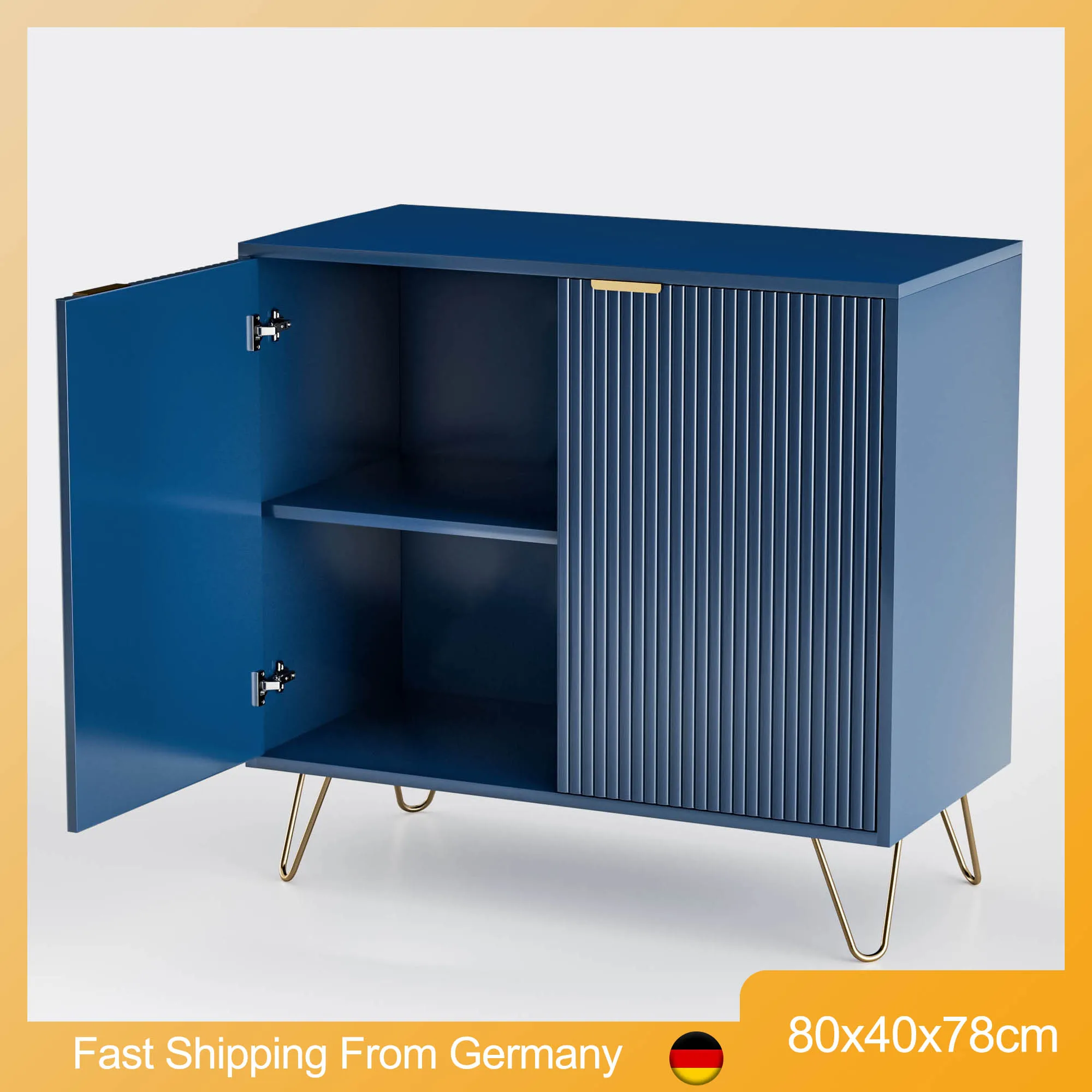 Dark Blue Sideboard with 2 Doors, Modern Cabinet for Living Room Kitchen, Storage Cabinet with Gold Support Legs, 80x40x78cm