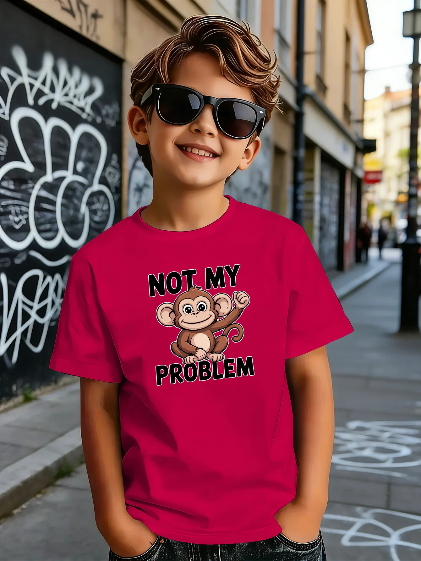 Cartoon Monkey Not My Problem Print T Shirt Boys Girls Parent Child Matching Soft Cotton Casual Short Sleeve Basic Daily Tees