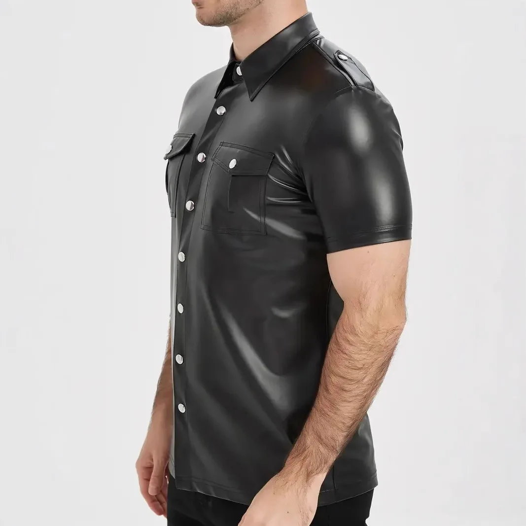 Over Size Short Sleeve Double Pocket Tooling Leather Shirts Youth 2025 Spring Summer New PU Leather Coats Men's Locomotive Shirt