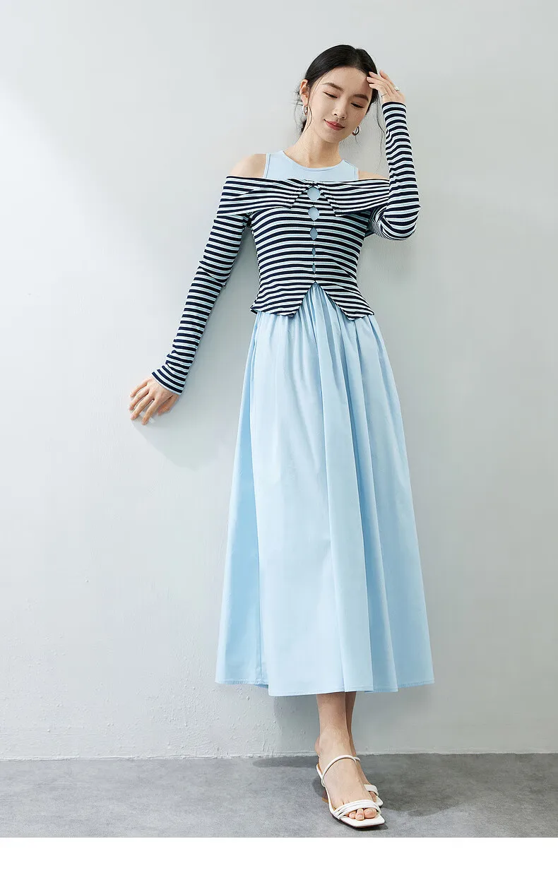 

SENTUBILA Women Two-Piece Set 2025 Autumn Elegant Triped Hollow-Out KnitSleeveless Midi Dress Beach Party Dress Set 141Z54175