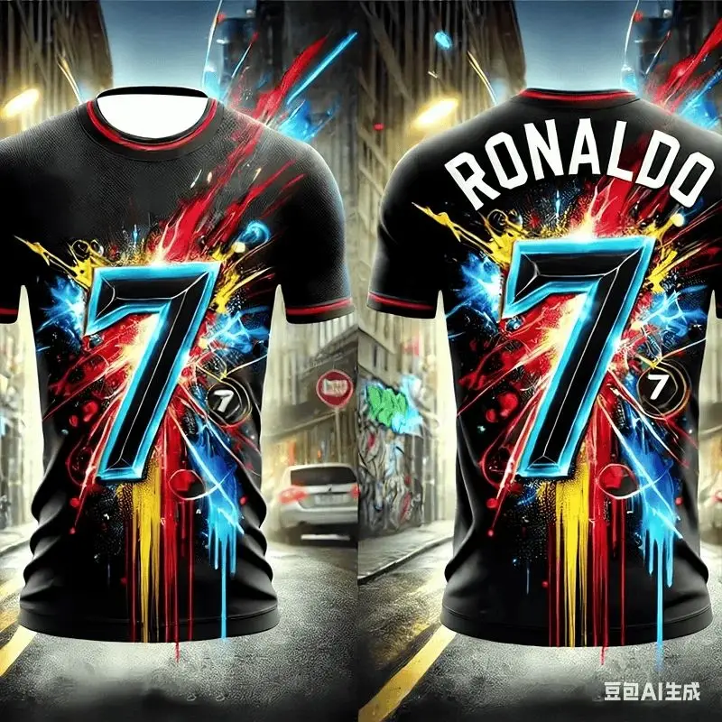 Summer Ronaldo No. 7 Graffiti Print 3D Unisex Jersey T-Shirt for Adults & Kids Quick-Drying Plus Size for Training and Matches