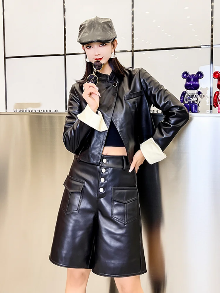 جديد أزياء المرأة الربيع قصيرة الطبيعية 100% معطف جلد الغنم الألوان بألواح كم زر واحد فضفاضة تناسب سترة جلدية حقيقية