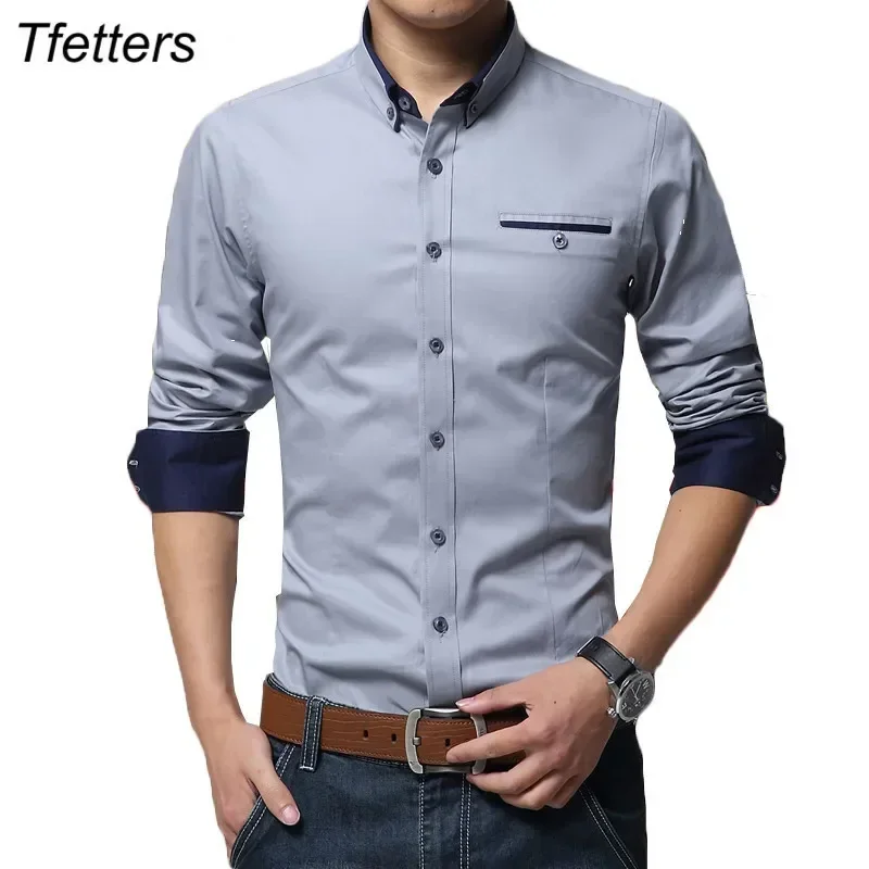 TFETTERS Newest Cotton Men Shirt Casual Shirt Long Sleeve Solid Color Regular Fit Plus Size Men\'s Shirts