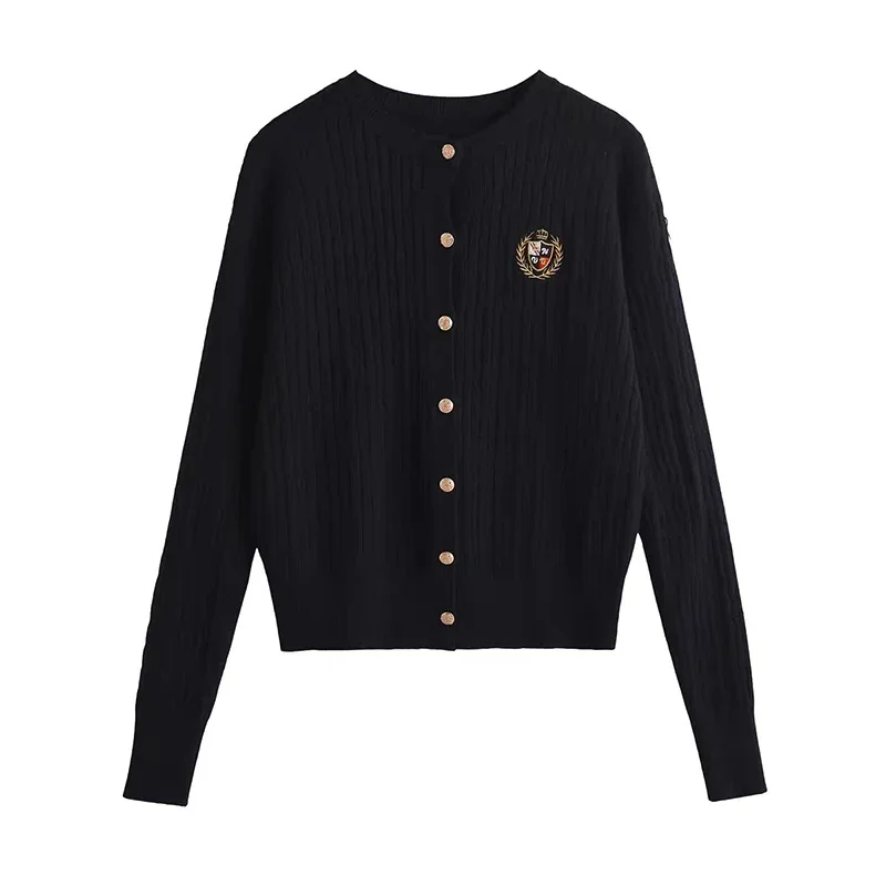 Women Korean Fashion Embroidered Long Sleeved Knitted Cardigan 2024 Autumn Casual All-matn Sweater Top