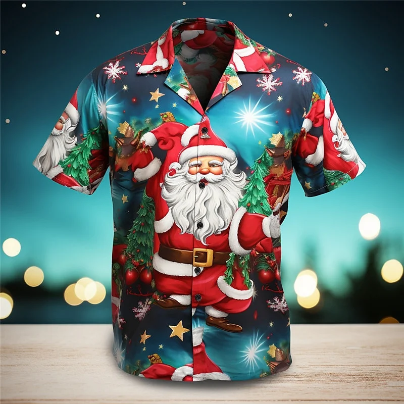 Funny Santa Print Men's Shirt Cartoon Pattern Christmas Clothing Fashion Lapel Short Sleeve Tops Oversized Christmas Shirt