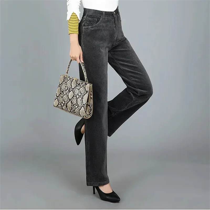 Office Work Corduroy Women's Pants Basic Classic Trousers Mother Solid Color High Waist Caramel Bottoms Fall Pantalones A828