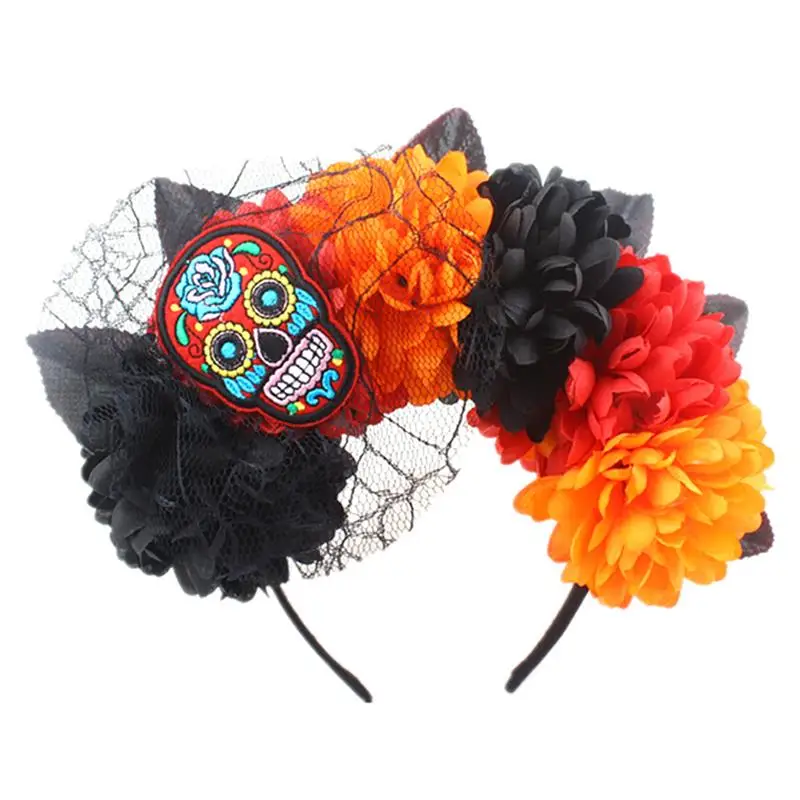 Womens Mexican Simulated Flower Crown Headband Day Of The Dead Halloween Festive Headpiece Colorful Fake Flowet Party Hair Hoop