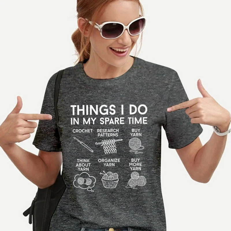 Things I Do in My Spare Time T-Shirt Women Funny Crochet Graphic Casual Tops Gifts for Crocheter Funny Crochet Women\'s T-shirts