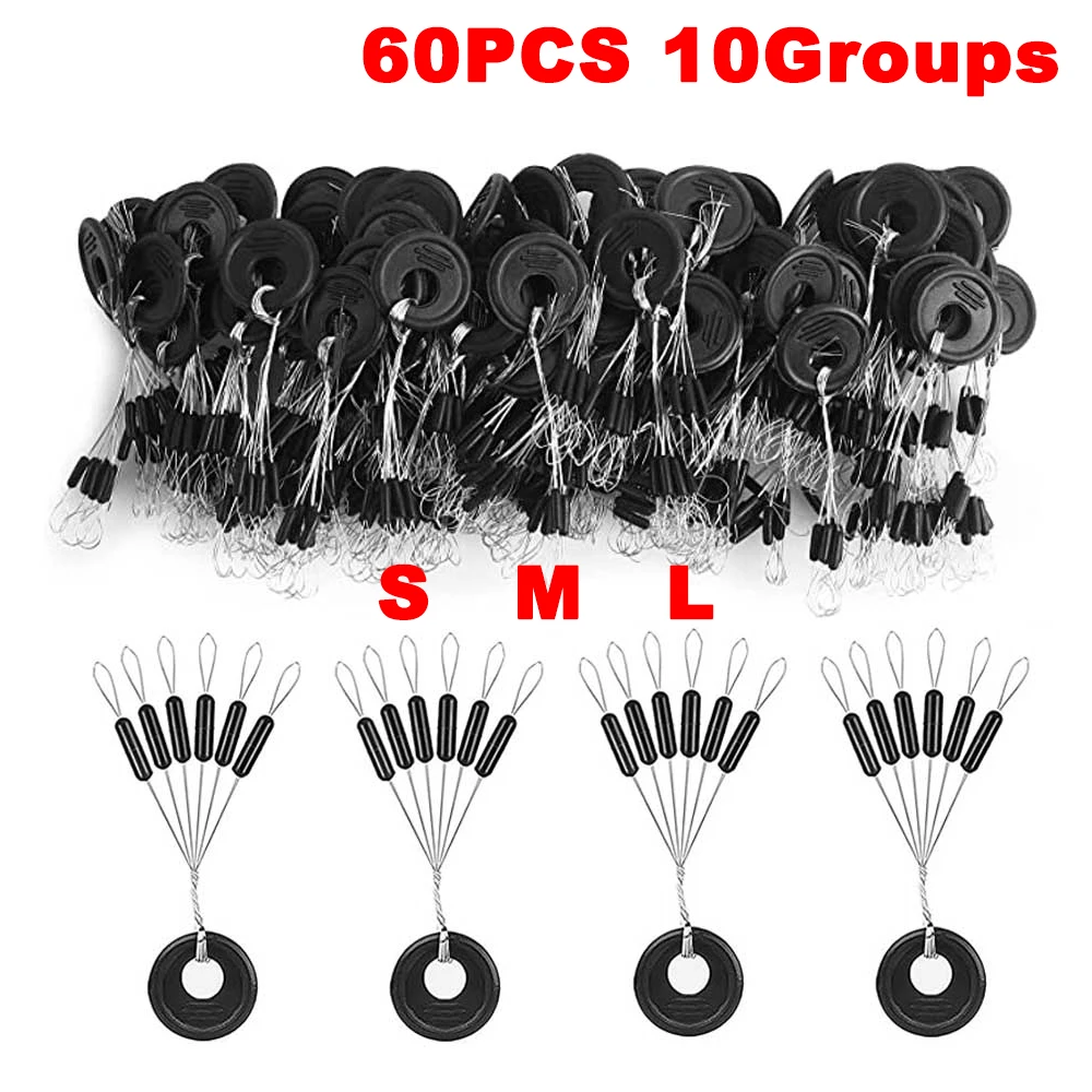 Fishing Bobber Stopper 60Pcs/10Groups 6 in 1 Black Rubber Beads Stopper Fishing Float Beans Space Float Sinker Stops Accessories