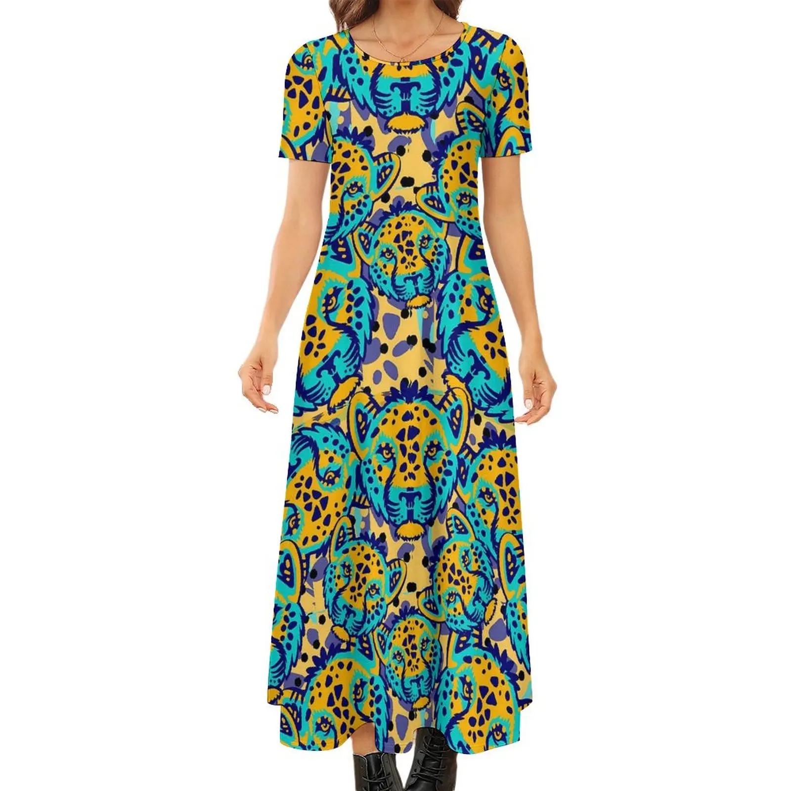 Vibrant Tiger Head Dress Abstract Art Vintage Maxi Dress Streetwear Bohemia Long Dresses Female Short Sleeve Oversized Vestidos