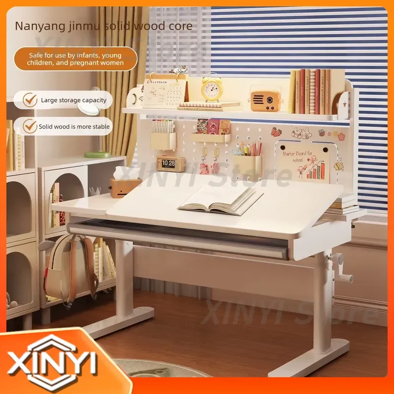 Adjustable Height Study Desk for Children Writing Computer Desk for Students Flip Tabletop Learning Table with Bookcase for
