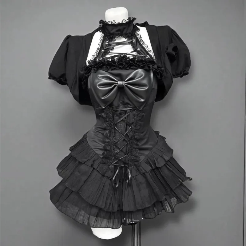 Y2k القوطي الشرير لوليتا ضمادة فستان تانك القمم قصيرة الأكمام قصيرة القمم المرأة الصيف فساتين جديدة سموك مجموعات تأثيري الملابس Treny