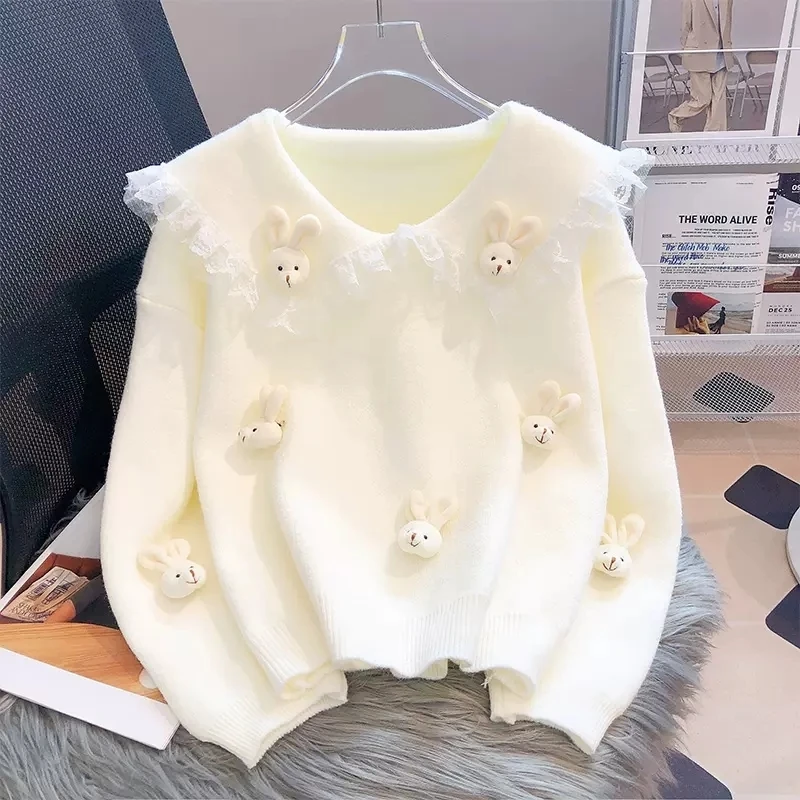 Dolce donna maglione cartone animato conigli Patchwork di pizzo colletto Peter Pan Pullover stile Preppy top in maglia allentata maglione femminile