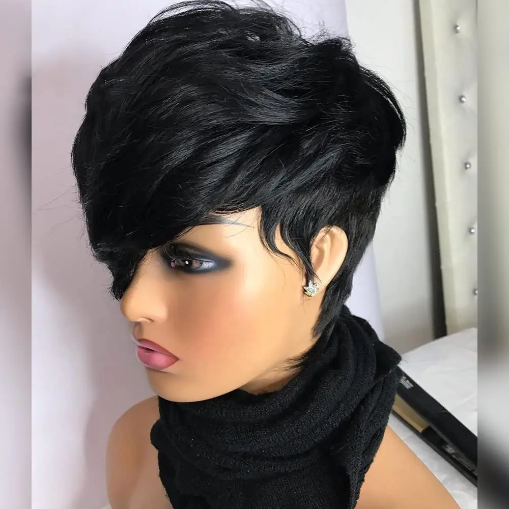 6 Inch Short Pixie Cut  Human Hair Wig For Black Women\'s Machine Made Bob Natural Black Hair Wig with Bangs