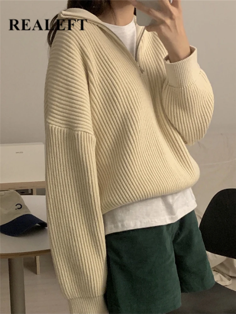 

REALEFT Autumn Winter Thick Women's Loose Sweater 2022 New Casual Zipper Long Sleeve Sweaters Chic Knitted Pullover Female