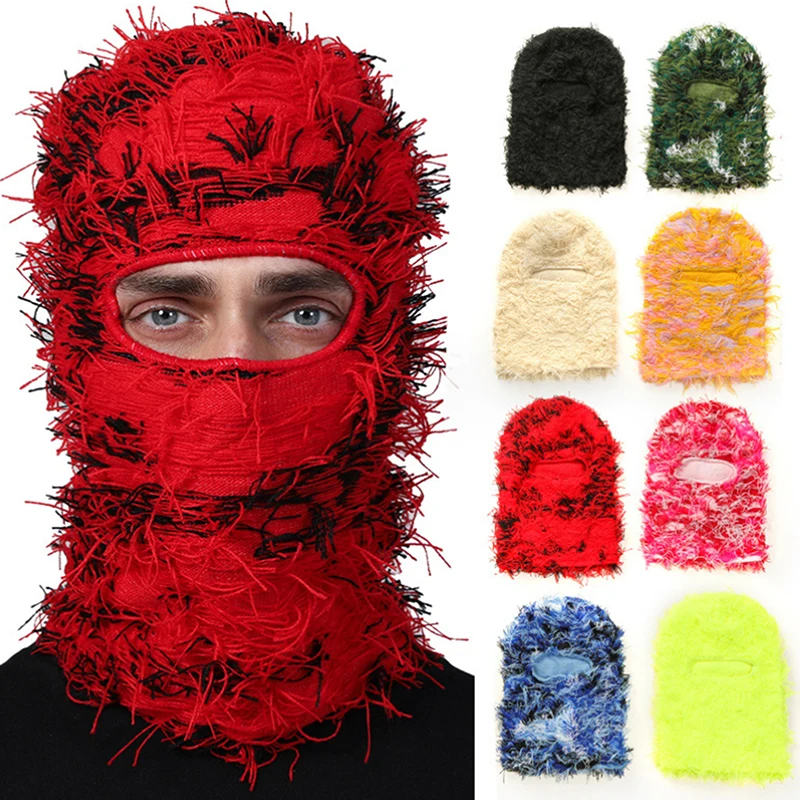 New Hip Hop Balaclava Distressed Knitted Caps Full Face Ski Mask Women Outdoor Camouflage Fuzzy Ski Balaclava Beanies Hat