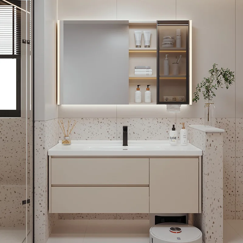 French Cream Bathroom Cabinet Saving Space Wind Placed Bathroom Cabinet Sweeping Robot Bathroom Furniture Kylpyhuonekaappi XYYSG