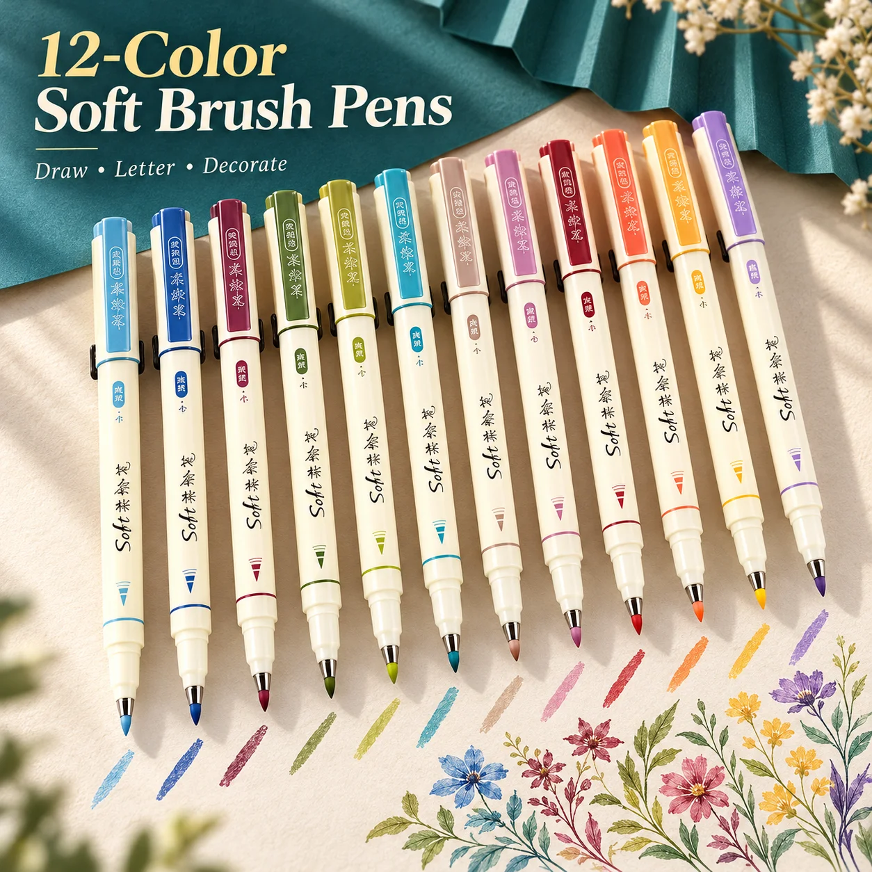 12 Colors Soft Brush Pens Set Fine Tip for Drawing, Calligraphy & Hand Lettering, Colored Art Pens for Journaling Greeting Card
