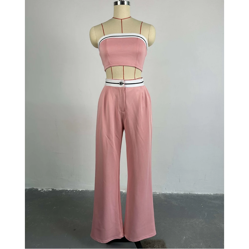 Summer Ladies Pant Suit Women Striped Strapless Crop Top & High Waist Wide Leg Pants Set Ensembles Femme Pink 2 Pieces Set Suits