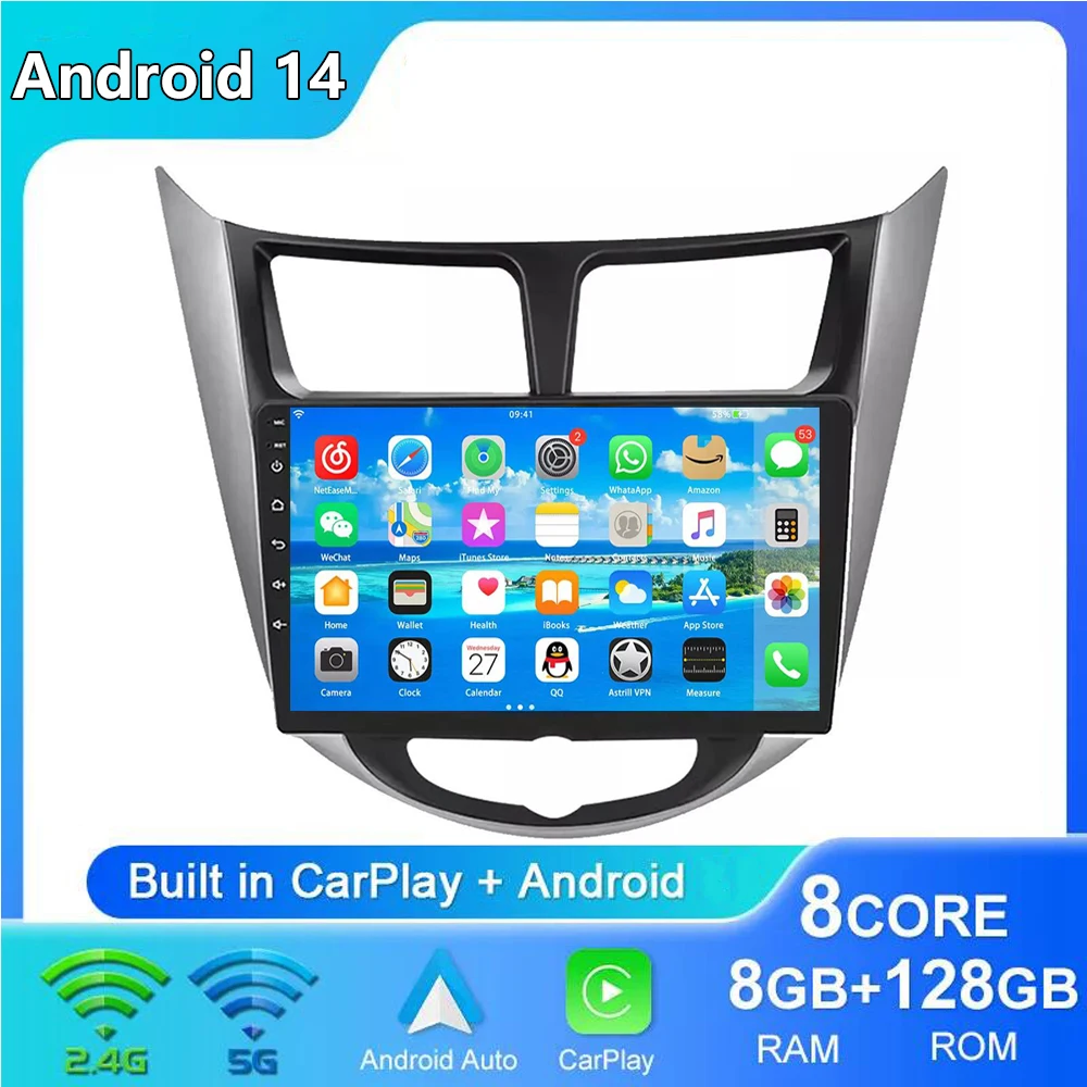 

Автомобильный радиоприемник 8G + 256G для Hyundai Verna Accent Solaris 2010 2011-2016, 2Din Android 14, автомобильный стерео GPS-навигатор, плеер DSP RDS