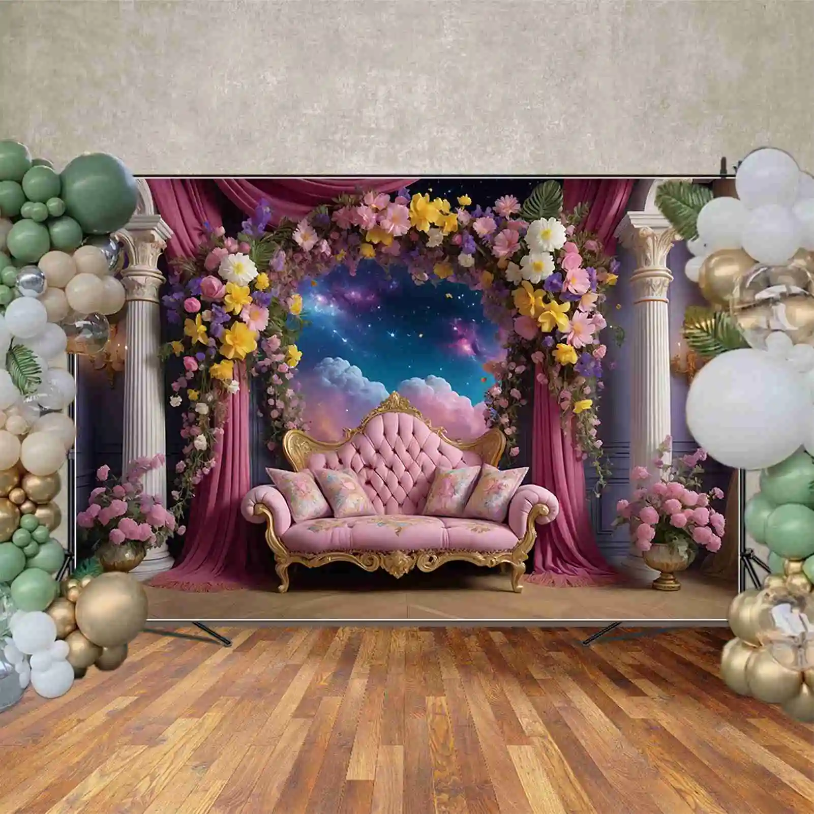 Moon.qg-女性のための花の花輪、プリンセス誕生日の背景、ビュープラットフォーム、ソファの背景、パーティーのためのカスタム写真アクセサリー