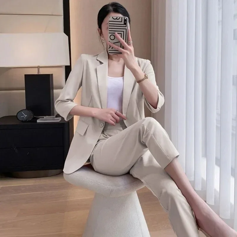 

Women Summer Thin Slim Blazers Pants Two Piece Set Korean Office Lady Graceful Pure Color Suit Jacket Trousers Outfits Workwear