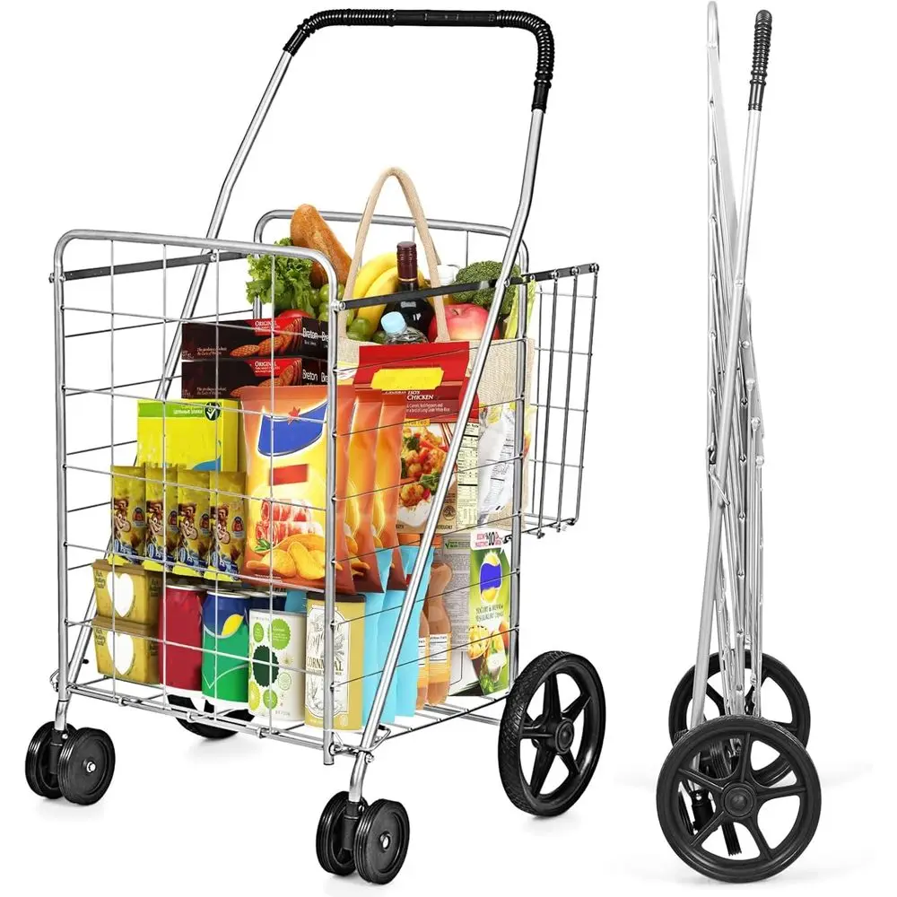 

Складная металлическая тележка для покупок с дополнительной корзиной, 360 ° Поворотные передние колеса, удобная ручка, легкая хозяйственная тележка для дома